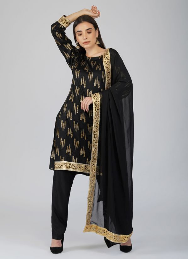 Pant Style Suit Embroidered Faux Georgette in Black